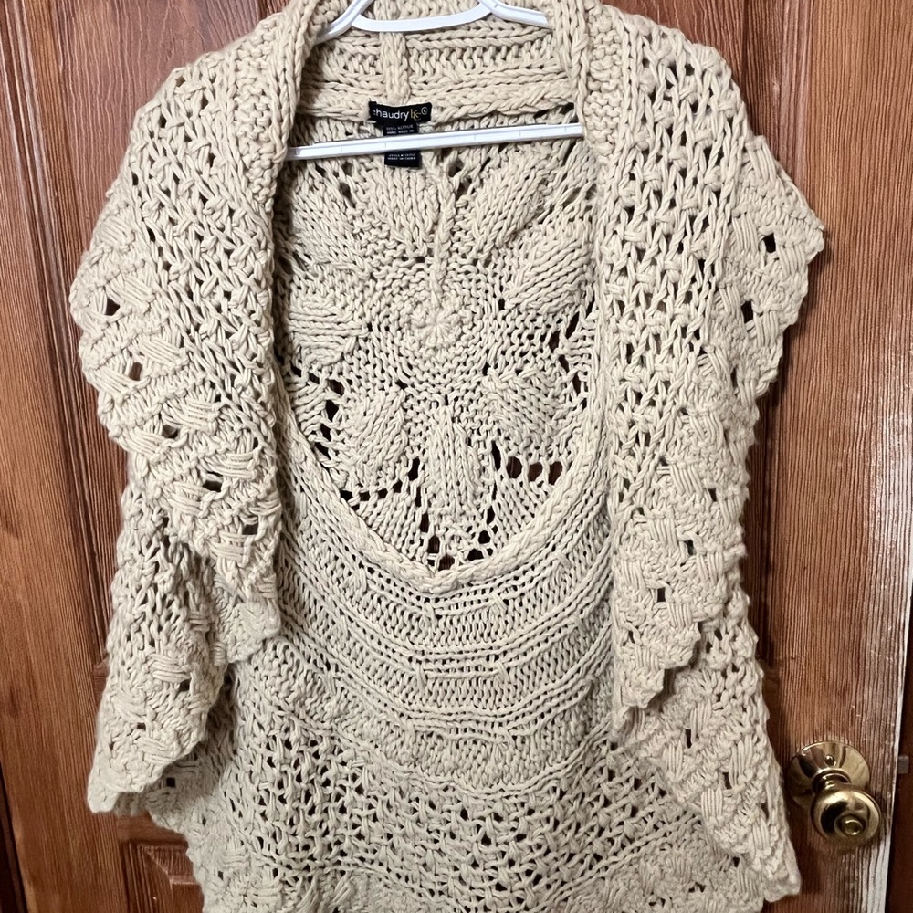 Theodry Crochet Open-Front Cardigan Sweater - Cream